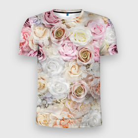 Мужская футболка 3D Slim с принтом Узор разноцветных роз в Тюмени, 100% полиэстер с улучшенными характеристиками | приталенный силуэт, круглая горловина, широкие плечи, сужается к линии бедра | 