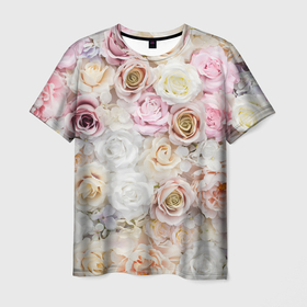 Мужская футболка 3D с принтом Узор разноцветных роз в Тюмени, 100% полиэфир | прямой крой, круглый вырез горловины, длина до линии бедер | 