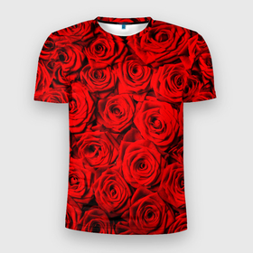 Мужская футболка 3D Slim с принтом Узор красных роз в Тюмени, 100% полиэстер с улучшенными характеристиками | приталенный силуэт, круглая горловина, широкие плечи, сужается к линии бедра | Тематика изображения на принте: 