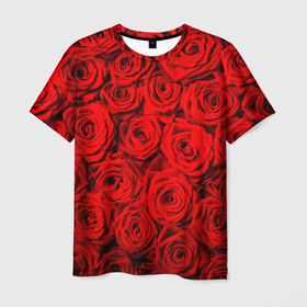 Мужская футболка 3D с принтом Узор красных роз , 100% полиэфир | прямой крой, круглый вырез горловины, длина до линии бедер | 