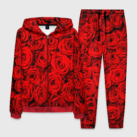 Мужской костюм 3D с принтом Узор красных роз в Петрозаводске, 100% полиэстер | Манжеты и пояс оформлены тканевой резинкой, двухслойный капюшон со шнурком для регулировки, карманы спереди | 