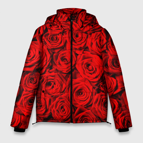 Мужская зимняя куртка 3D с принтом Узор красных роз в Тюмени, верх — 100% полиэстер; подкладка — 100% полиэстер; утеплитель — 100% полиэстер | длина ниже бедра, свободный силуэт Оверсайз. Есть воротник-стойка, отстегивающийся капюшон и ветрозащитная планка. 

Боковые карманы с листочкой на кнопках и внутренний карман на молнии. | Тематика изображения на принте: 