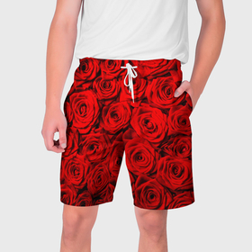 Мужские шорты 3D с принтом Узор красных роз ,  полиэстер 100% | прямой крой, два кармана без застежек по бокам. Мягкая трикотажная резинка на поясе, внутри которой широкие завязки. Длина чуть выше колен | 