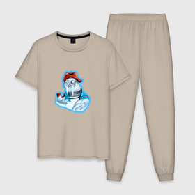 Мужская пижама хлопок с принтом Морж моряк , 100% хлопок | брюки и футболка прямого кроя, без карманов, на брюках мягкая резинка на поясе и по низу штанин
 | 