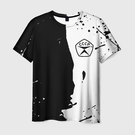 Мужская футболка 3D с принтом Ссср знак качества   краски брызг чёрно белых в Санкт-Петербурге, 100% полиэфир | прямой крой, круглый вырез горловины, длина до линии бедер | 