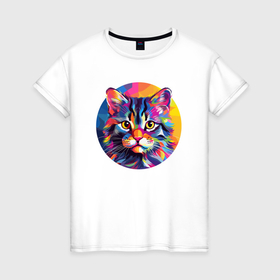 Женская футболка хлопок с принтом Радужный котик в Петрозаводске, 100% хлопок | прямой крой, круглый вырез горловины, длина до линии бедер, слегка спущенное плечо | 