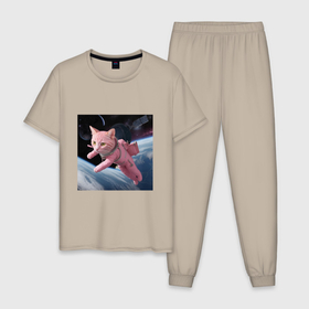 Мужская пижама хлопок с принтом Котик pink астронавт в Кировске, 100% хлопок | брюки и футболка прямого кроя, без карманов, на брюках мягкая резинка на поясе и по низу штанин
 | Тематика изображения на принте: 