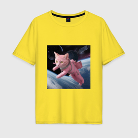 Мужская футболка хлопок Oversize с принтом Котик pink астронавт в Кировске, 100% хлопок | свободный крой, круглый ворот, “спинка” длиннее передней части | Тематика изображения на принте: 
