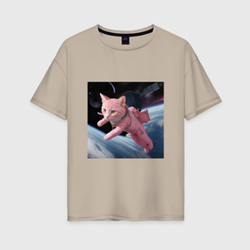 Женская футболка хлопок Oversize с принтом Котик pink астронавт в Кировске, 100% хлопок | свободный крой, круглый ворот, спущенный рукав, длина до линии бедер
 | Тематика изображения на принте: 