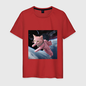 Мужская футболка хлопок с принтом Котик pink астронавт , 100% хлопок | прямой крой, круглый вырез горловины, длина до линии бедер, слегка спущенное плечо. | 