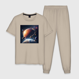 Мужская пижама хлопок с принтом Большой парад планет в Тюмени, 100% хлопок | брюки и футболка прямого кроя, без карманов, на брюках мягкая резинка на поясе и по низу штанин
 | 