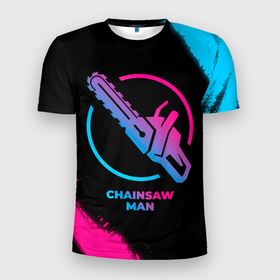 Мужская футболка 3D Slim с принтом Chainsaw Man   neon gradient в Курске, 100% полиэстер с улучшенными характеристиками | приталенный силуэт, круглая горловина, широкие плечи, сужается к линии бедра | 