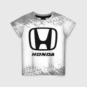 Детская футболка 3D с принтом Honda speed на светлом фоне со следами шин , 100% гипоаллергенный полиэфир | прямой крой, круглый вырез горловины, длина до линии бедер, чуть спущенное плечо, ткань немного тянется | Тематика изображения на принте: 