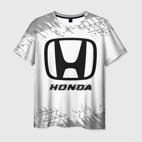 Мужская футболка 3D с принтом Honda speed на светлом фоне со следами шин в Санкт-Петербурге, 100% полиэфир | прямой крой, круглый вырез горловины, длина до линии бедер | 
