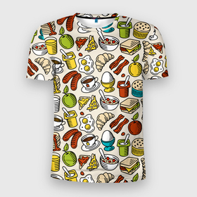 Мужская футболка 3D Slim с принтом Завтрак   цветной в Новосибирске, 100% полиэстер с улучшенными характеристиками | приталенный силуэт, круглая горловина, широкие плечи, сужается к линии бедра | 