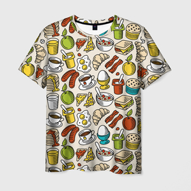 Мужская футболка 3D с принтом Завтрак   цветной , 100% полиэфир | прямой крой, круглый вырез горловины, длина до линии бедер | 