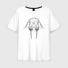 Мужская футболка хлопок Oversize с принтом Голова моржа анфас , 100% хлопок | свободный крой, круглый ворот, “спинка” длиннее передней части | 