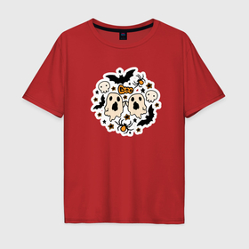 Мужская футболка хлопок Oversize с принтом Хэллоуин два приведения и летучие мыши в Екатеринбурге, 100% хлопок | свободный крой, круглый ворот, “спинка” длиннее передней части | 