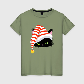 Женская футболка хлопок с принтом Новогодний черный кот в новогоднем колпаке в Санкт-Петербурге, 100% хлопок | прямой крой, круглый вырез горловины, длина до линии бедер, слегка спущенное плечо | 