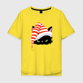 Мужская футболка хлопок Oversize с принтом Новогодний черный кот в новогоднем колпаке в Санкт-Петербурге, 100% хлопок | свободный крой, круглый ворот, “спинка” длиннее передней части | 