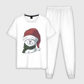 Мужская пижама хлопок с принтом Белый кот в новогодней шапочке в Кировске, 100% хлопок | брюки и футболка прямого кроя, без карманов, на брюках мягкая резинка на поясе и по низу штанин
 | 