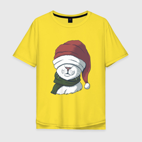 Мужская футболка хлопок Oversize с принтом Белый кот в новогодней шапочке в Новосибирске, 100% хлопок | свободный крой, круглый ворот, “спинка” длиннее передней части | Тематика изображения на принте: 