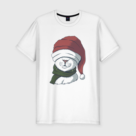 Мужская футболка хлопок Slim с принтом Белый кот в новогодней шапочке в Санкт-Петербурге, 92% хлопок, 8% лайкра | приталенный силуэт, круглый вырез ворота, длина до линии бедра, короткий рукав | Тематика изображения на принте: 