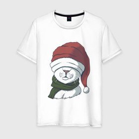 Мужская футболка хлопок с принтом Белый кот в новогодней шапочке в Кировске, 100% хлопок | прямой крой, круглый вырез горловины, длина до линии бедер, слегка спущенное плечо. | 