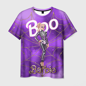 Мужская футболка 3D с принтом Барби в костюме скелета: паутина и фиолетовый дым в Санкт-Петербурге, 100% полиэфир | прямой крой, круглый вырез горловины, длина до линии бедер | Тематика изображения на принте: 