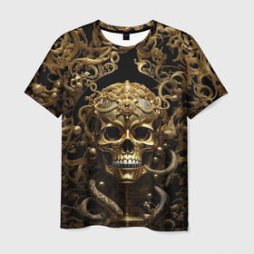 Мужская футболка 3D с принтом Золотой череп с украшениями в Белгороде, 100% полиэфир | прямой крой, круглый вырез горловины, длина до линии бедер | 