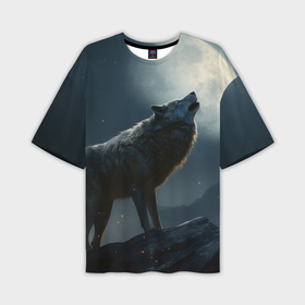 Мужская футболка oversize 3D с принтом Волк воющий на Луну в Екатеринбурге,  |  | Тематика изображения на принте: 