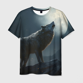 Мужская футболка 3D с принтом Волк воющий на Луну в Екатеринбурге, 100% полиэфир | прямой крой, круглый вырез горловины, длина до линии бедер | Тематика изображения на принте: 