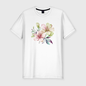 Мужская футболка хлопок Slim с принтом Нежные розовые акварельные цветы в Петрозаводске, 92% хлопок, 8% лайкра | приталенный силуэт, круглый вырез ворота, длина до линии бедра, короткий рукав | 