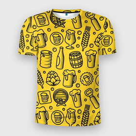 Мужская футболка 3D Slim с принтом Пиво и аксессуары   жёлтый , 100% полиэстер с улучшенными характеристиками | приталенный силуэт, круглая горловина, широкие плечи, сужается к линии бедра | 