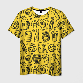 Мужская футболка 3D с принтом Пиво и аксессуары   жёлтый , 100% полиэфир | прямой крой, круглый вырез горловины, длина до линии бедер | 