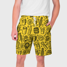 Мужские шорты 3D с принтом Пиво и аксессуары   жёлтый в Новосибирске,  полиэстер 100% | прямой крой, два кармана без застежек по бокам. Мягкая трикотажная резинка на поясе, внутри которой широкие завязки. Длина чуть выше колен | Тематика изображения на принте: 