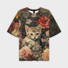 Мужская футболка oversize 3D с принтом Котёнок в цветущем саду в Петрозаводске,  |  | 