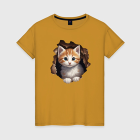 Женская футболка хлопок с принтом Котёнок внутри в Екатеринбурге, 100% хлопок | прямой крой, круглый вырез горловины, длина до линии бедер, слегка спущенное плечо | 