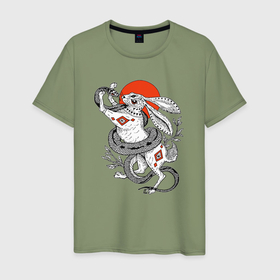 Мужская футболка хлопок с принтом Борьба зайца со змеей в Екатеринбурге, 100% хлопок | прямой крой, круглый вырез горловины, длина до линии бедер, слегка спущенное плечо. | Тематика изображения на принте: 
