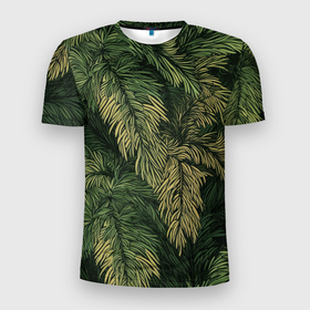 Мужская футболка 3D Slim с принтом Камуфляж хвойный лес в Новосибирске, 100% полиэстер с улучшенными характеристиками | приталенный силуэт, круглая горловина, широкие плечи, сужается к линии бедра | 
