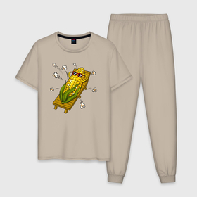 Мужская пижама хлопок с принтом Летняя кукуруза в Курске, 100% хлопок | брюки и футболка прямого кроя, без карманов, на брюках мягкая резинка на поясе и по низу штанин
 | 