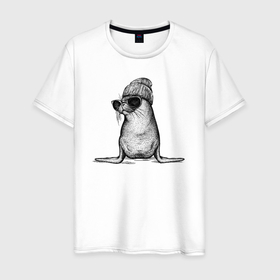 Мужская футболка хлопок с принтом Морской котик модный в Курске, 100% хлопок | прямой крой, круглый вырез горловины, длина до линии бедер, слегка спущенное плечо. | 