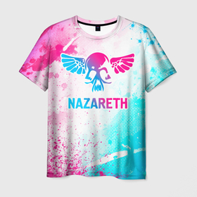 Мужская футболка 3D с принтом Nazareth neon gradient style , 100% полиэфир | прямой крой, круглый вырез горловины, длина до линии бедер | 