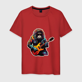Мужская футболка хлопок с принтом Обезьяна с гитарой в Кировске, 100% хлопок | прямой крой, круглый вырез горловины, длина до линии бедер, слегка спущенное плечо. | 