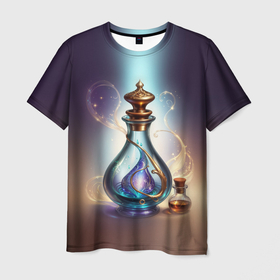 Мужская футболка 3D с принтом Волшебный эликсир в стеклянной бутылке , 100% полиэфир | прямой крой, круглый вырез горловины, длина до линии бедер | 