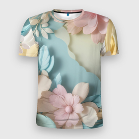 Мужская футболка 3D Slim с принтом Нежные цветы пастельные тона в Санкт-Петербурге, 100% полиэстер с улучшенными характеристиками | приталенный силуэт, круглая горловина, широкие плечи, сужается к линии бедра | Тематика изображения на принте: 