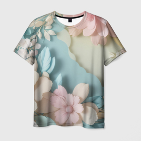 Мужская футболка 3D с принтом Нежные цветы пастельные тона в Санкт-Петербурге, 100% полиэфир | прямой крой, круглый вырез горловины, длина до линии бедер | Тематика изображения на принте: 