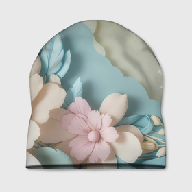 Шапка 3D с принтом Нежные цветы пастельные тона в Курске, 100% полиэстер | универсальный размер, печать по всей поверхности изделия | Тематика изображения на принте: 