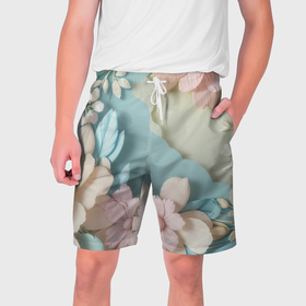 Мужские шорты 3D с принтом Нежные цветы пастельные тона в Санкт-Петербурге,  полиэстер 100% | прямой крой, два кармана без застежек по бокам. Мягкая трикотажная резинка на поясе, внутри которой широкие завязки. Длина чуть выше колен | 