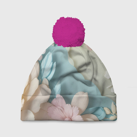 Шапка 3D c помпоном с принтом Нежные цветы пастельные тона в Курске, 100% полиэстер | универсальный размер, печать по всей поверхности изделия | 